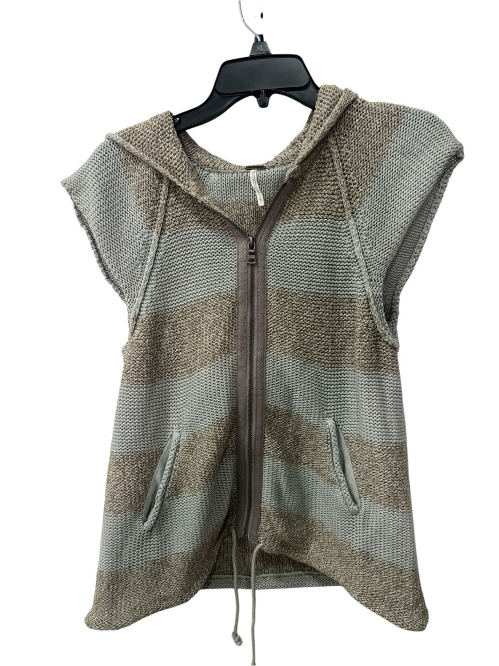 Free People Regatta knit hooded vest in a taupe and light gray stripe pattern S